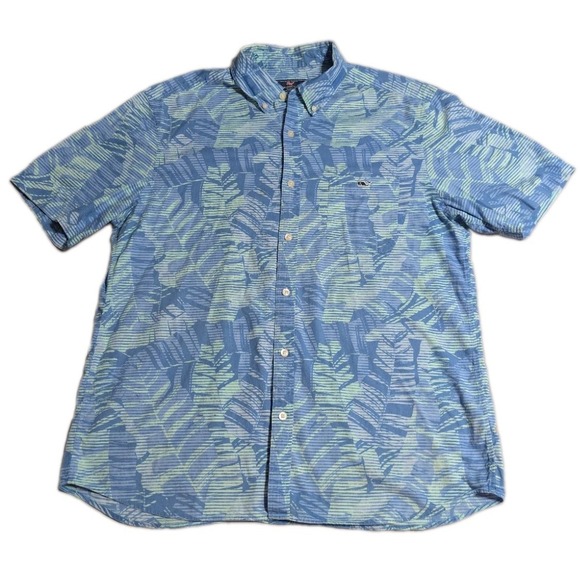 Vineyard Vines Other - Vineyard Vines Mens Large Tropical Palm Leaf Short Sleeve Button Down Shirt Blue
